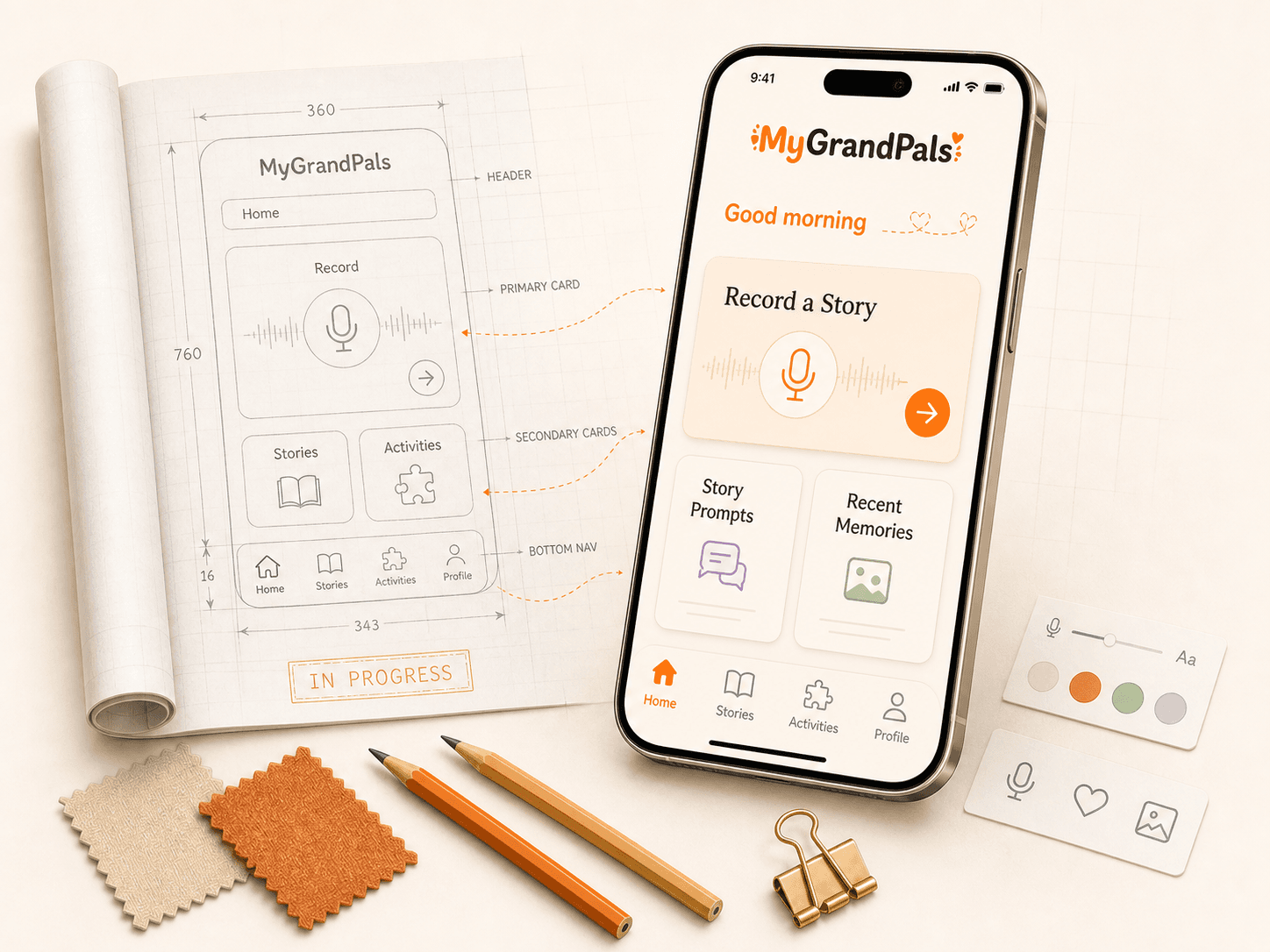 A hand-drawn wireframe sketch beside the finished MyGrandPals app home screen, showing the app taking shape