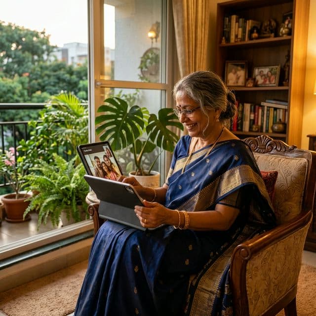 Grandma Lakshmi mid-story, smiling as she remembers the report card