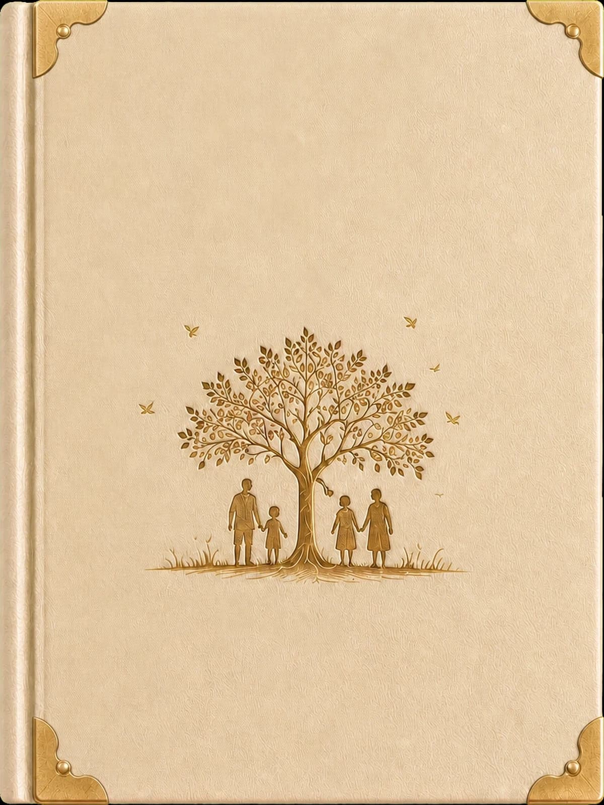 The embossed cover of Grandpa's family storybook, closed and resting on the desk