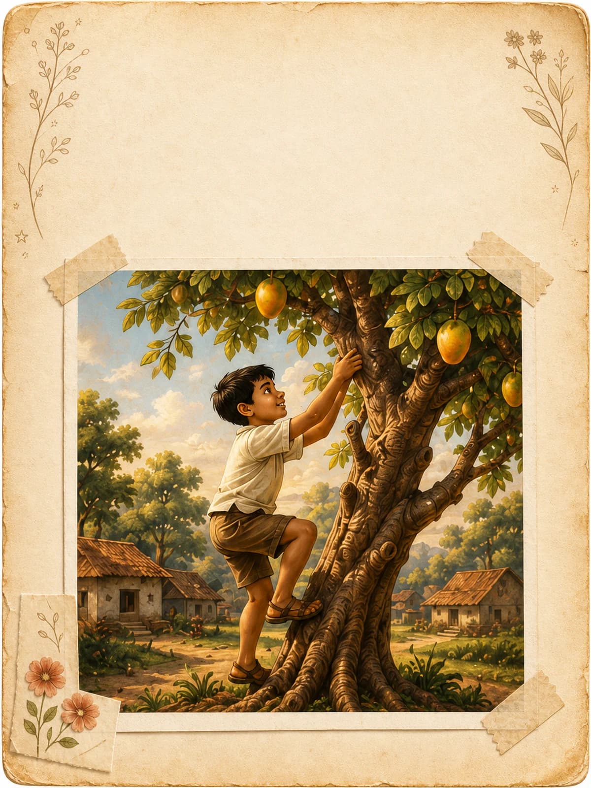 A storybook page illustrated with a mango tree, its branches heavy with fruit